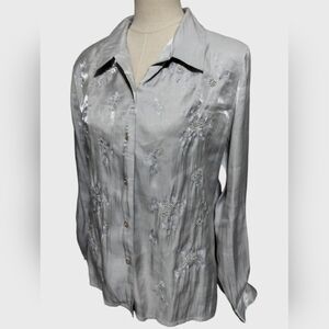 1835)Vintage 90's Laura Scott Embroidery Shimmering Beaded Silver Blouse Size 14